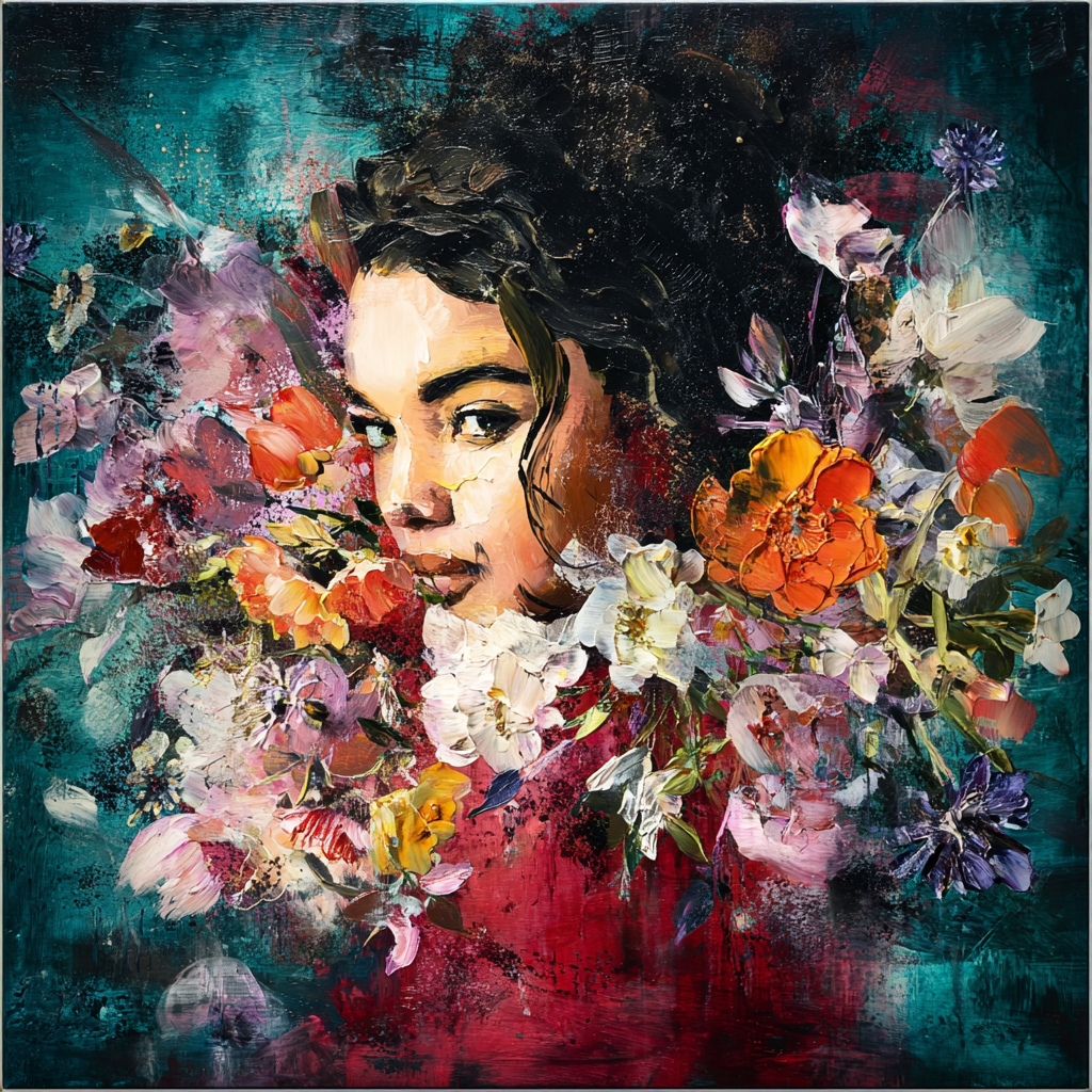 Ausdrucksstarkes Porträt einer Frau, deren Gesicht von farbenprächtigen, impressionistisch gemalten Blumen umgeben ist, in kräftigen Rot-, Orange- und Lilatönen.
