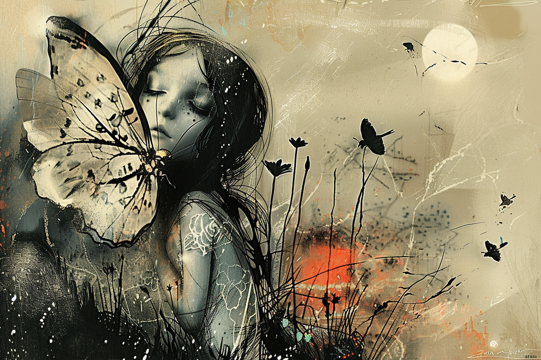 Ein träumerisches Porträt eines Mädchens mit geschlossenen Augen, das sanft von einem großen, hellen Schmetterlingsflügel berührt wird. Um sie herum fliegen weitere Schmetterlinge und Silhouetten von Pflanzen. Die Farbpalette ist weich – Sepia, Grau, Schwarz und zarte Orangetöne – und erzeugt eine Atmosphäre stiller Melancholie und Zartheit.
