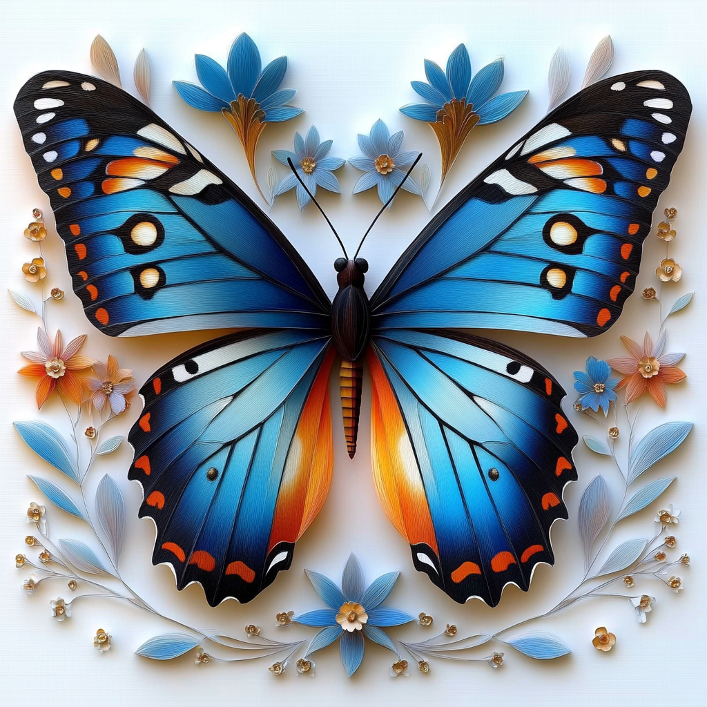 Ein leuchtend blauer Schmetterling mit orangefarbenen Akzenten breitet seine Flügel aus, umgeben von feinen Blüten – Symbol für Transformation und Schönheit.
