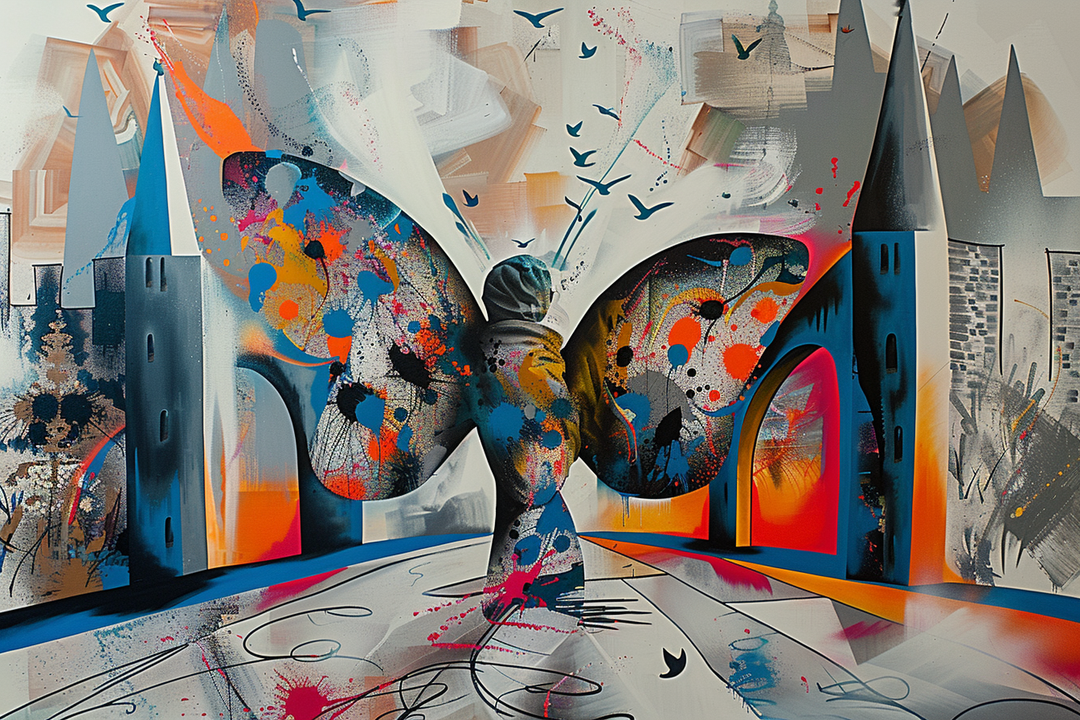 Abstrakte Darstellung einer Figur mit bunten Schmetterlingsflügeln zwischen architektonischen Toren – Symbol für Freiheit, Wandel und urbane Poesie.

