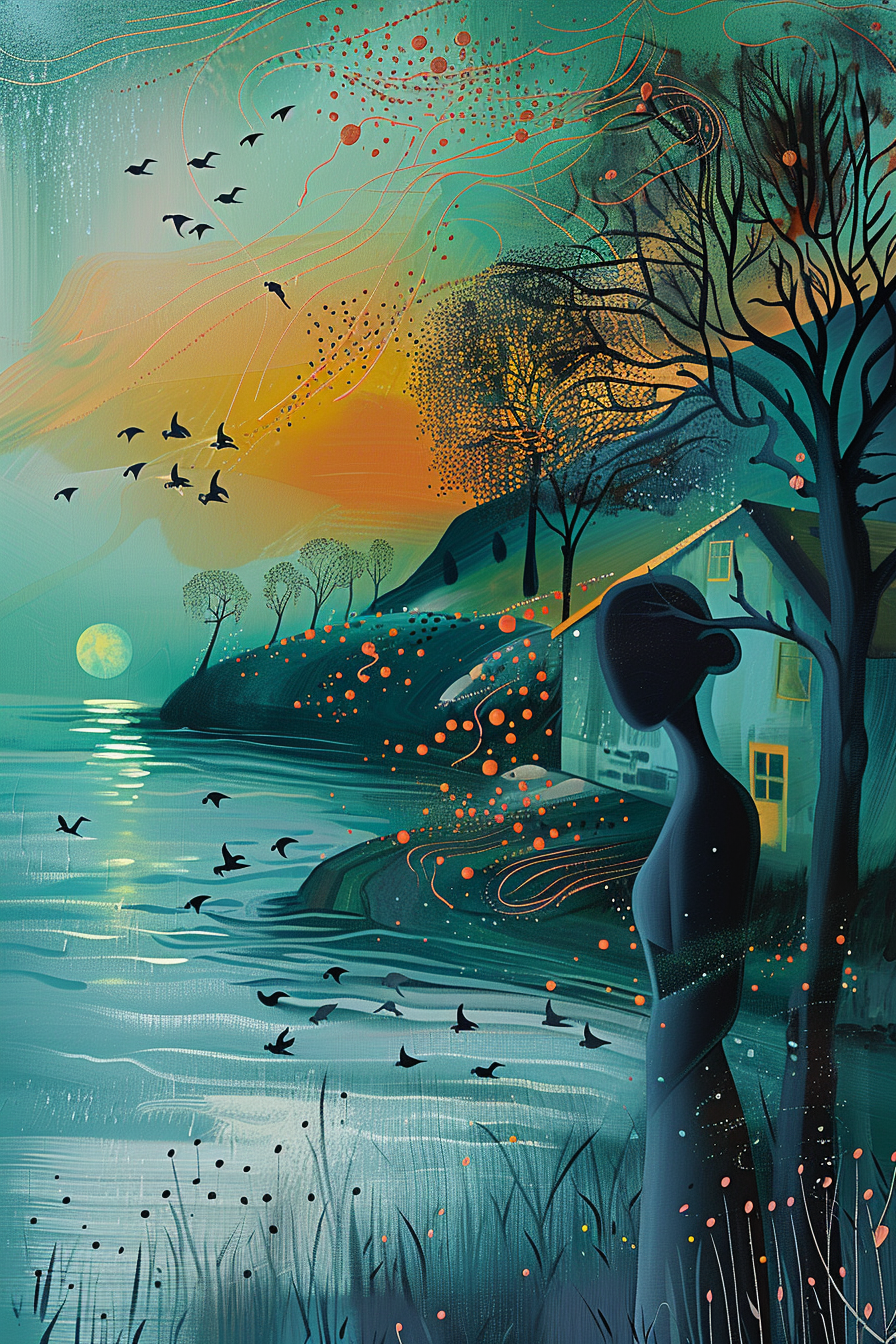 Surreale Landschaft mit weiblicher Silhouette am Flussufer, unter einem leuchtenden Himmel mit fliegenden Vögeln und abstrahierten Lichtpunkten in Türkis, Orange und Gold.

