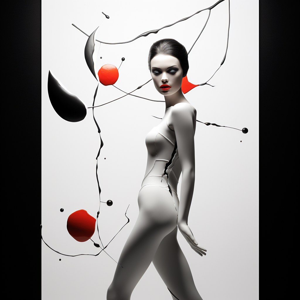 Minimalistische digitale Illustration einer Frau in Weiß mit roten und schwarzen Akzenten, umgeben von fließenden Linien – Symbol für Bewegung, Eleganz und moderne Ästhetik.
