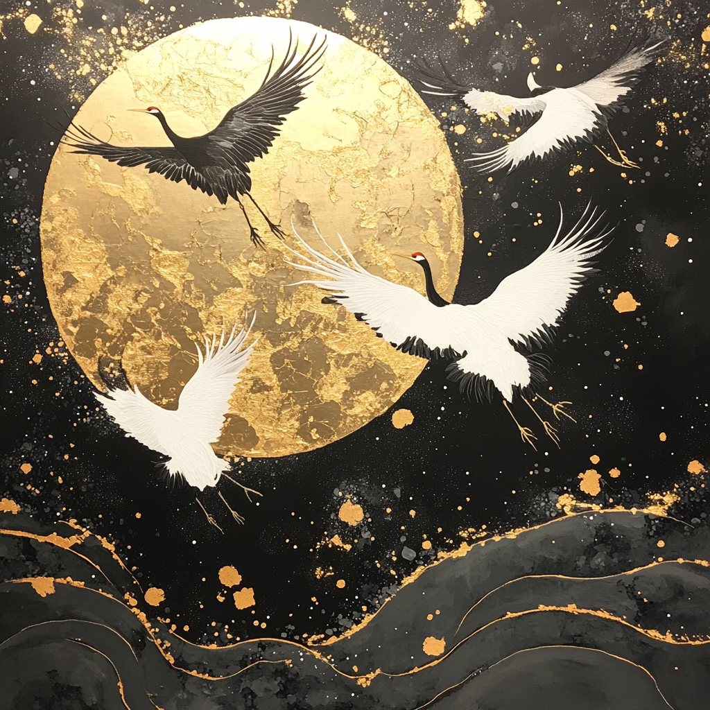Goldene Mondkomposition mit vier fliegenden Kranichen auf schwarzem Hintergrund – inspiriert von japanischer Symbolik und spiritueller Harmonie.
