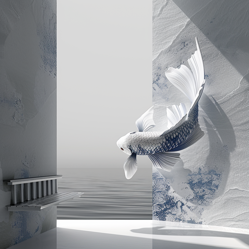 Minimalistische Kunst mit einem weißen Koi, der über Wasser zwischen architektonischen Formen schwebt – Symbol für Leichtigkeit, Freiheit und Stille.
