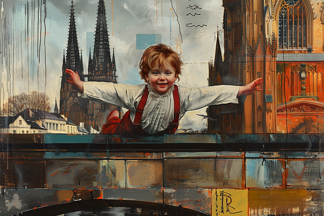 Ein fröhliches Kind mit ausgebreiteten Armen lehnt sich über eine Mauer, als würde es fliegen. Hinter ihm erheben sich gotische Kathedralen und Häuser, teils realistisch, teils malerisch verfremdet. Das Kind trägt rote Hosenträger und blickt lachend in die Ferne.
