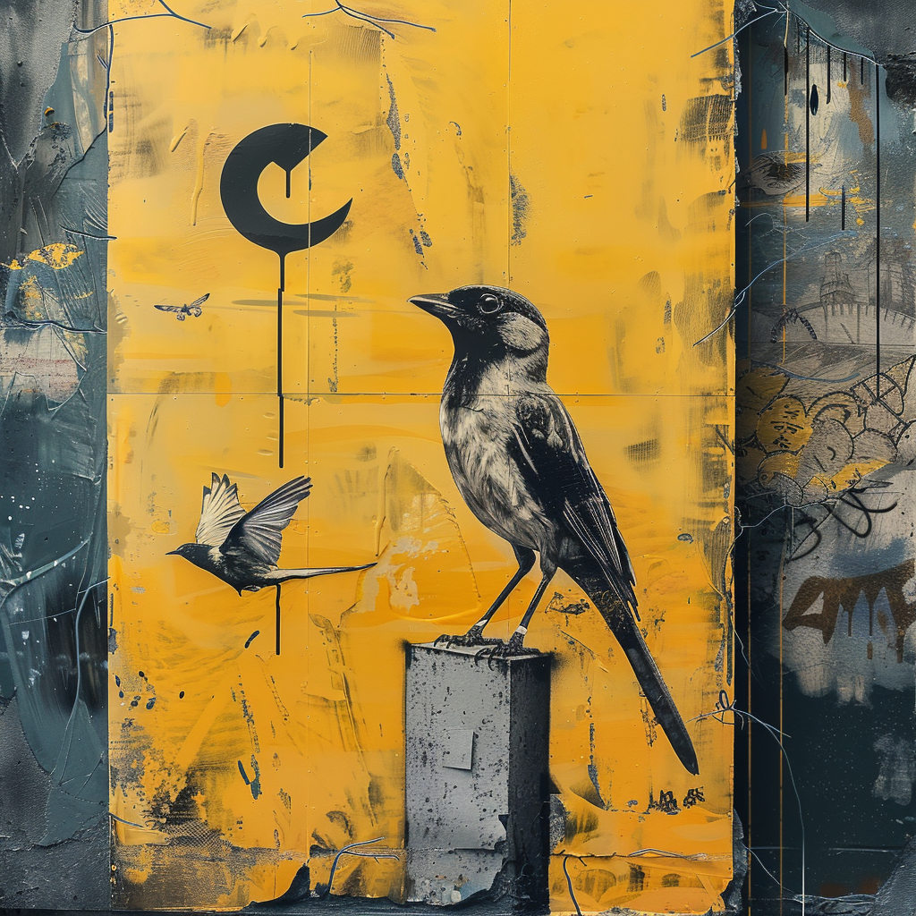Surreale, gelb-schwarze Komposition mit Vögeln, grafischen Symbolen und urbaner Textur – eine poetische Studie über Freiheit, Bewegung und Kontrast.
