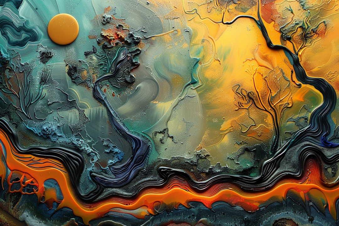 abstraktes gemälde mit flussform in orange und gelbgruener landschaft
