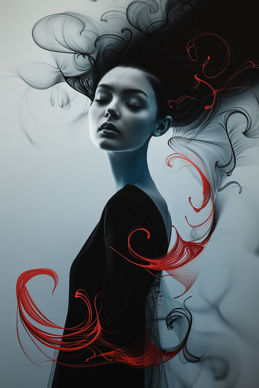 Porträt einer Frau mit geschlossenen Augen, deren dunkles Haar sich in abstrakte Rauch- und Linienformen verwandelt, durchzogen von roten Akzenten.
