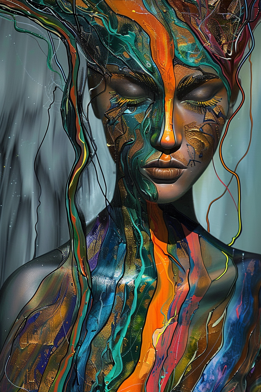 Abstraktes Porträt mit fließenden Farblinien in Grün, Orange und Blau
