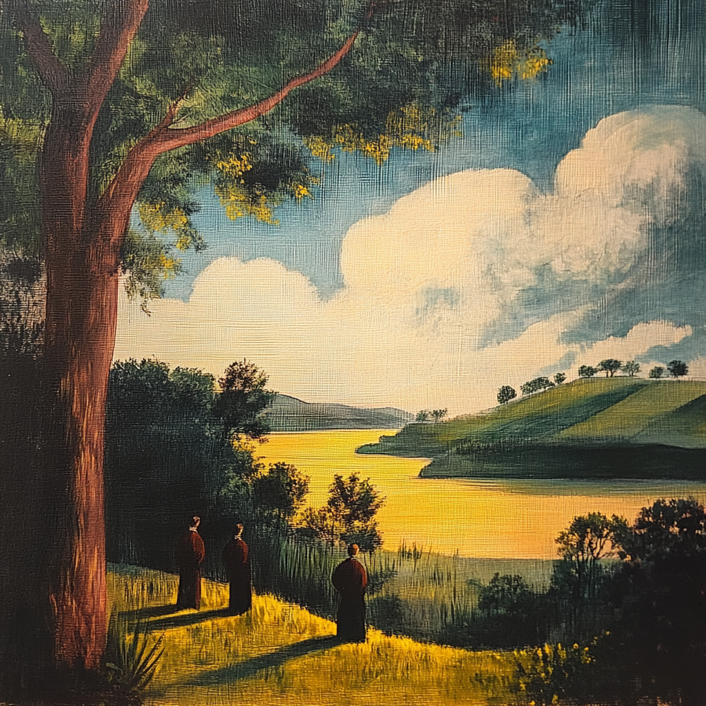 Drei Figuren stehen unter einem Baum und blicken auf eine Flusslandschaft im warmen Abendlicht
