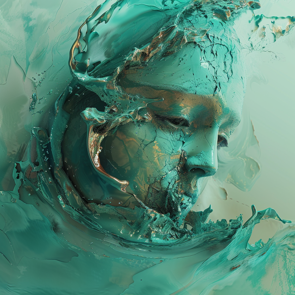 Ein abstraktes Gesicht, das scheinbar aus türkisfarbenem Wasser geformt ist, durchzogen von feinen Rissen und goldenen Akzenten – eine Verschmelzung von Mensch und Flüssigkeit.
