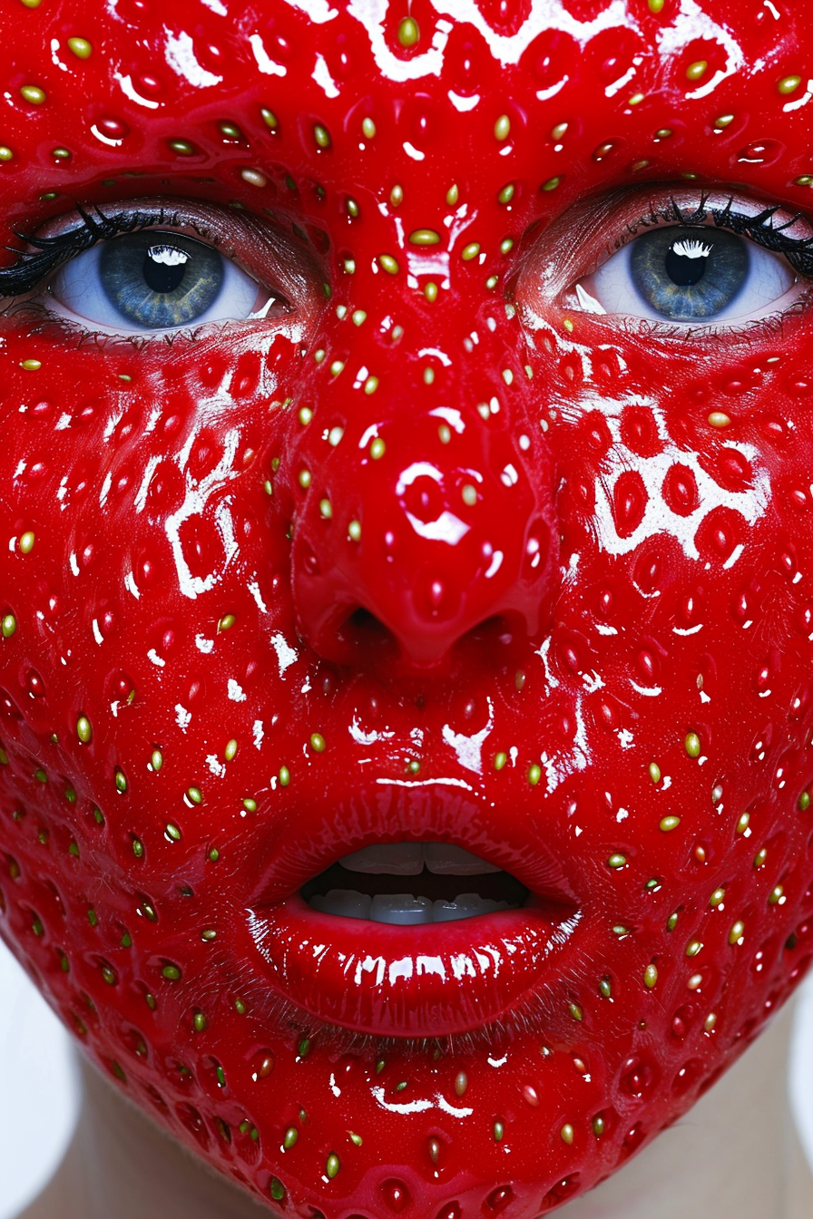 Nahaufnahme eines Gesichts, dessen Haut die Textur einer glänzenden Erdbeere mit Samen trägt; die Lippen und Augen wirken lebensecht und kontrastieren das surreal rote Erscheinungsbild.
