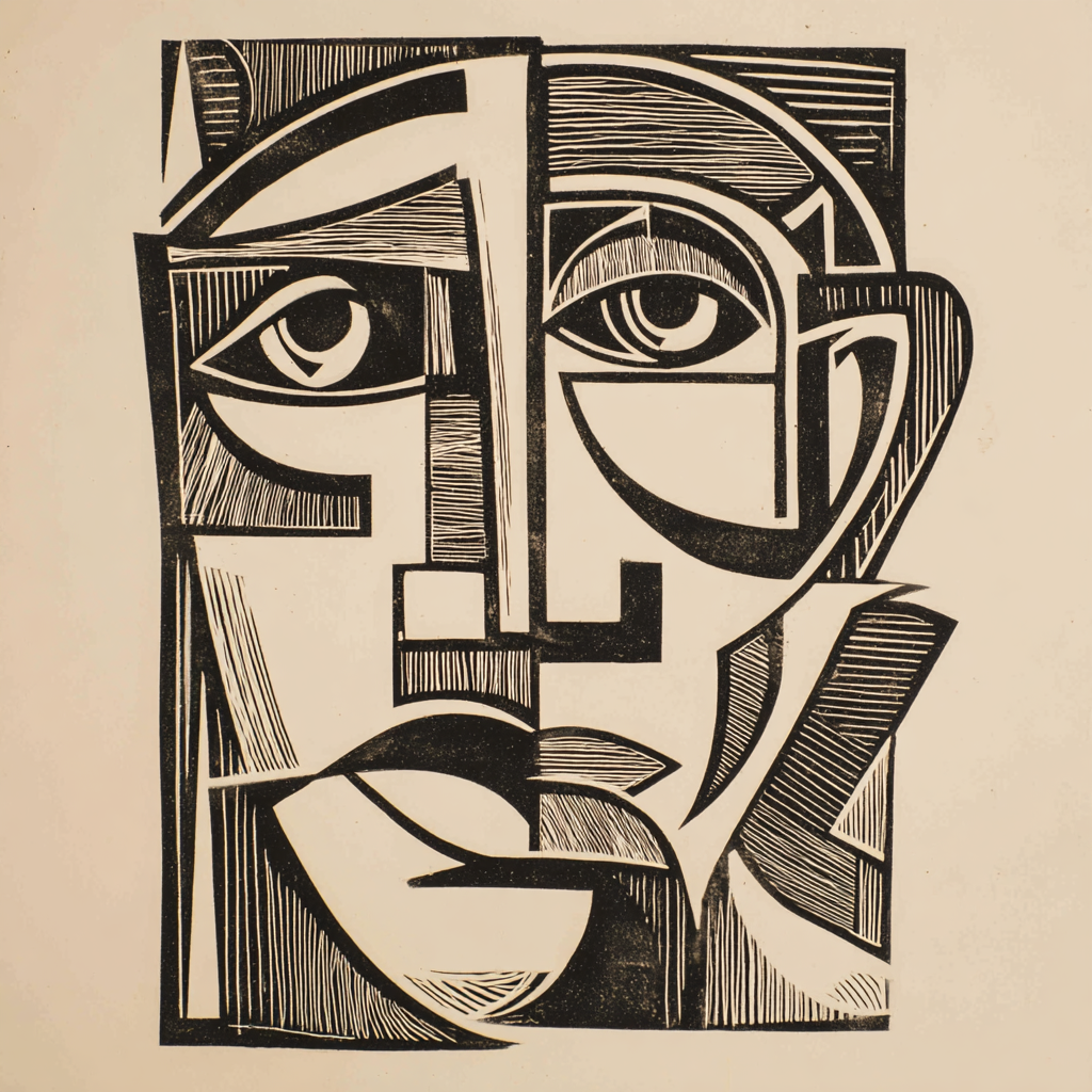 abstraktes gesicht in schwarz weiss linienzeichnung mit kubistischen elementen
