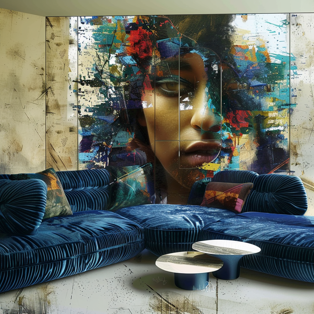 Abstraktes Wandporträt mit intensiven Farben und ausdrucksstarkem Gesicht in modernem Interieur
