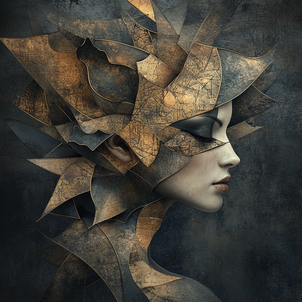 abstraktes porträt einer frau aus metallischen formen in gold und grau
