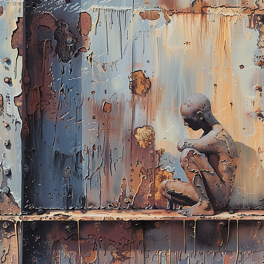 Eine rostfarbene, verwitterte Figur sitzt in nachdenklicher Haltung vor einer korrodierten Metallwand, die Spuren von Zeit, Zerfall und Melancholie trägt.
