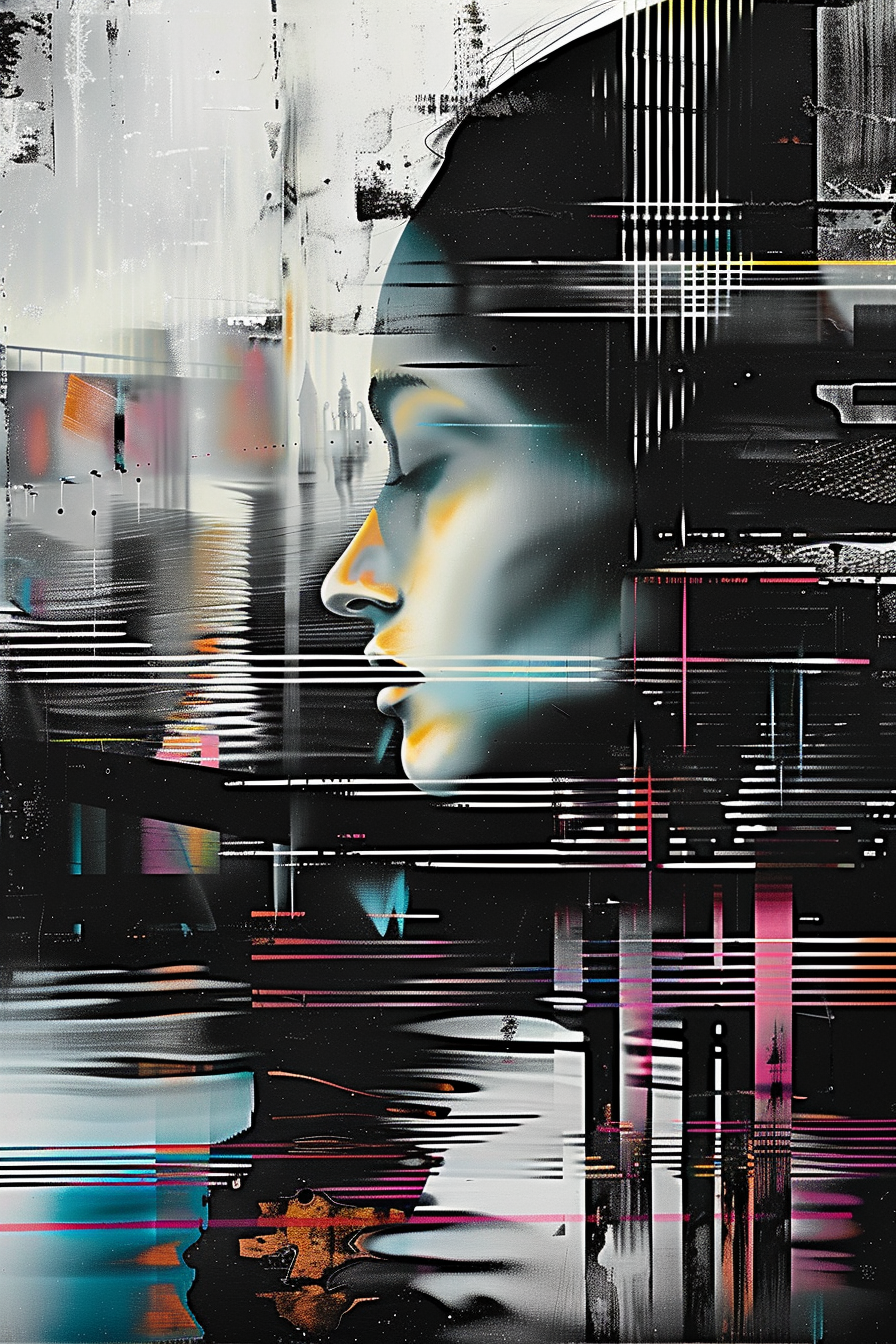 Abstraktes Porträt eines Gesichts in Seitenansicht, durchzogen von Linien und Lichteffekten – symbolische Darstellung von Ruhe, Fragmentierung und innerer Balance.
