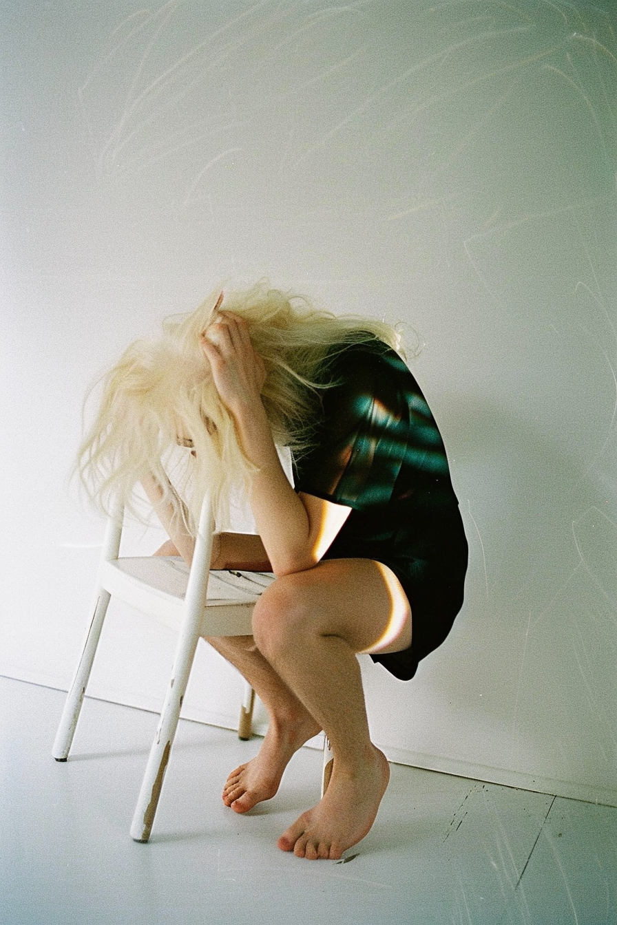 Fotografische Darstellung einer Person mit blondem Haar, die auf einem weißen Stuhl sitzt und sich nach vorne beugt, in minimalistischer, heller Umgebung.
