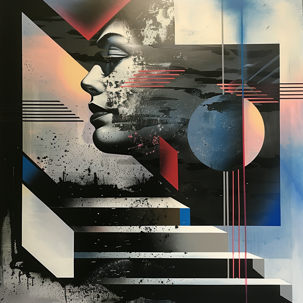 geometrisches frauenporträt mit schwarz weißen linien und planetenmotiv im hintergrund
