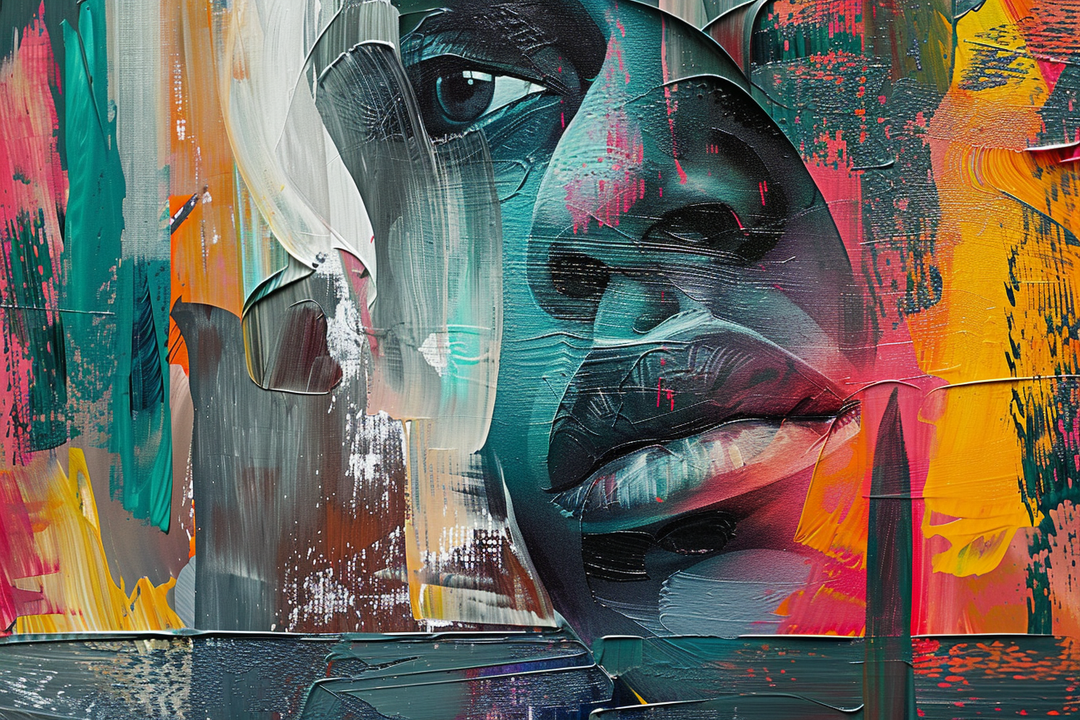 Abstraktes Porträt in kräftigen Farben, das ein fragmentiertes Gesicht in Nahaufnahme zeigt. Dick aufgetragene Pinselstriche in Türkis, Rot, Gelb und Grau formen ein intensives, haptisches Spiel aus Struktur und Emotion.
