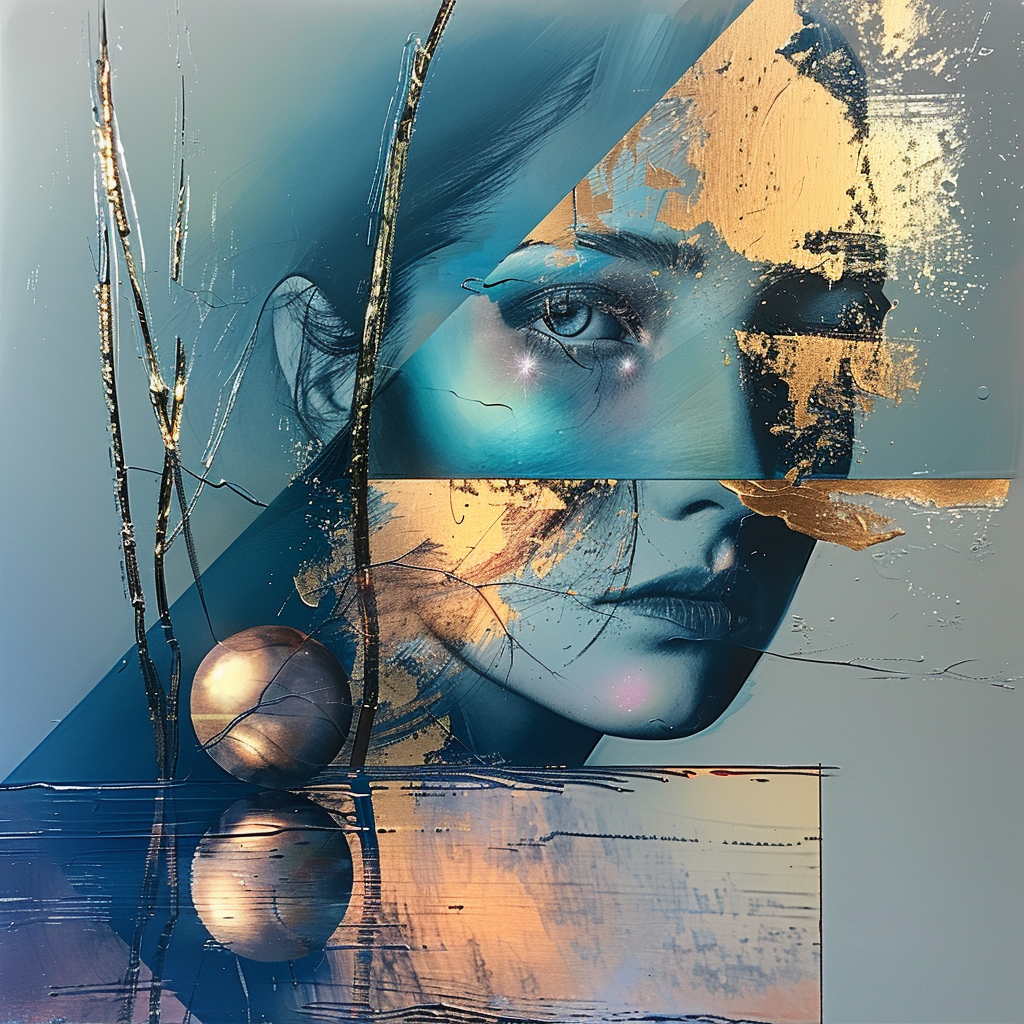 Abstraktes Porträt in Blau- und Goldtönen mit geometrischen Formen, Reflexionen und emotionalem Ausdruck.
