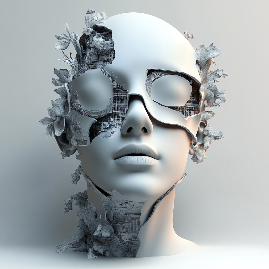 Skulpturales Porträt eines Gesichts aus weißem Material mit mechanisch-organischen Strukturen und floralen Fragmenten – eine Mischung aus Mensch, Architektur und Natur.
