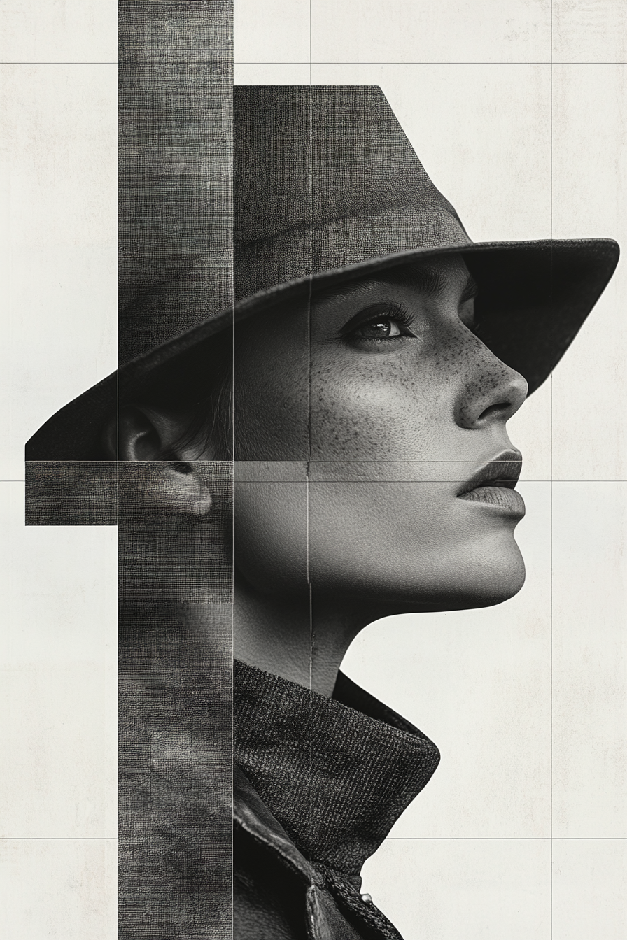 monochromes porträt einer frau mit hut und geometrischen linien im hintergrund
