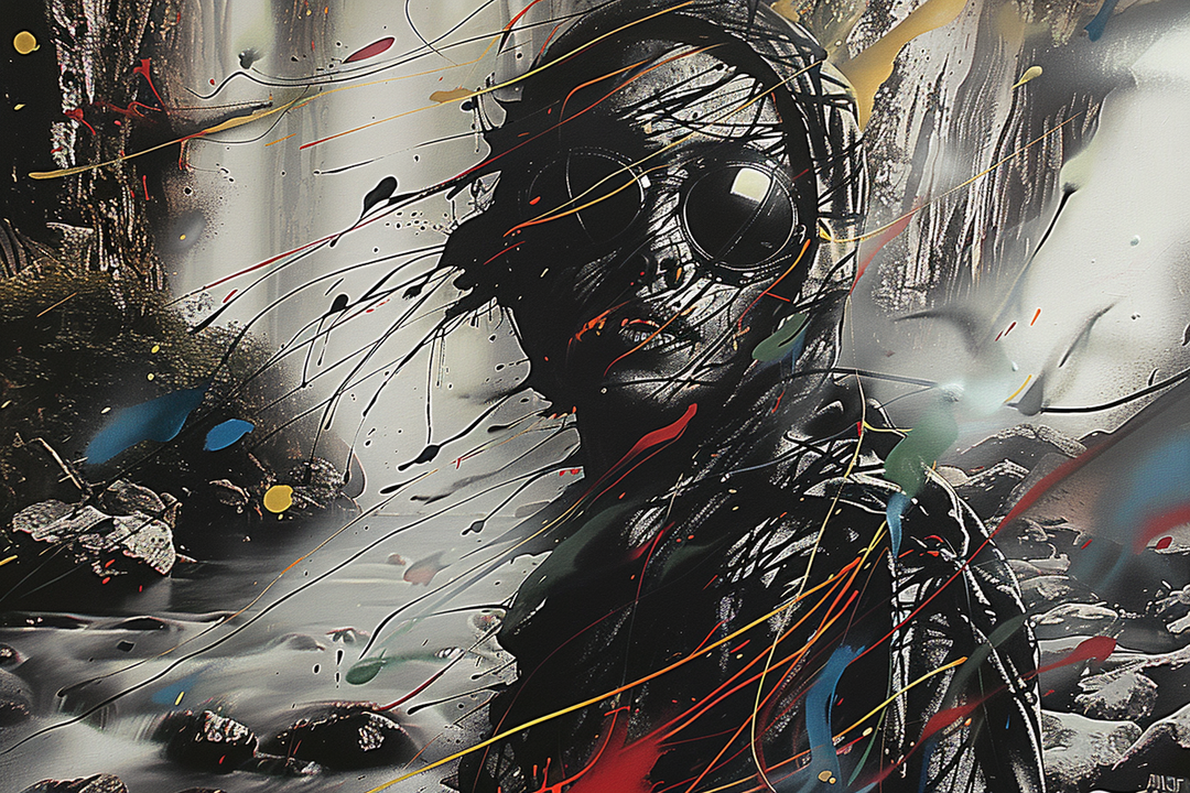 Dynamische, düstere Komposition: eine Figur mit Schutzbrille im Vordergrund, in Schwarz-Weiß gehalten, überlagert von farbigen Spritzern und Linien. Der Hintergrund zeigt einen nebligen Flusslauf zwischen Felsen. Ausdrucksstark und intensiv.
