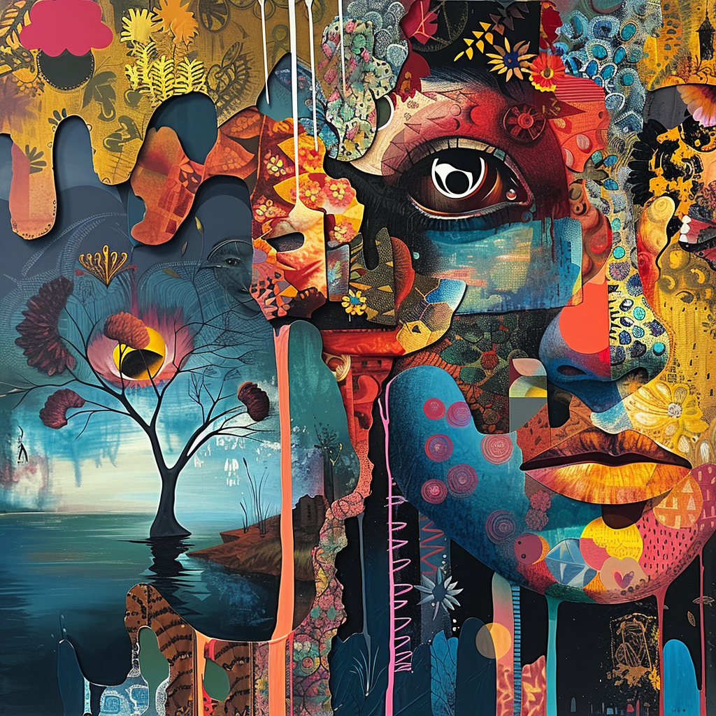 farbenfrohes gesicht mit symbolischen mustern und landschaft im hintergrund
