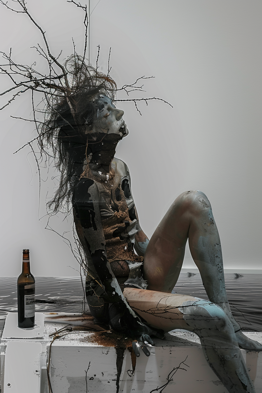 Surreales Porträt einer sitzenden Figur mit Zweigen im Haar, verwittertem Körper und dunkler, symbolischer Atmosphäre; eine Flasche steht daneben.

