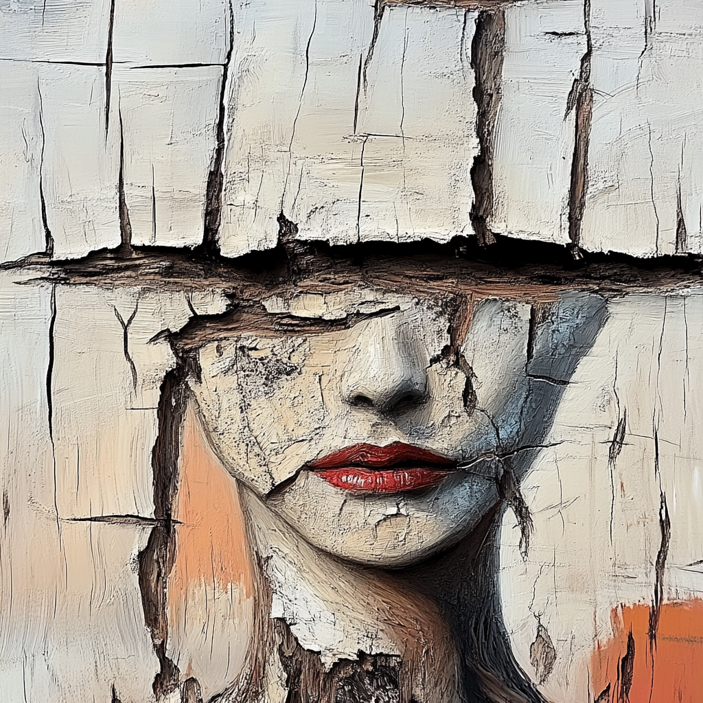 Expressionistisches Porträt einer Frau mit gesprungenem, rissigem Gesicht in erdigen Farbtönen – Symbol für Vergänglichkeit, Verletzlichkeit und Stärke.
