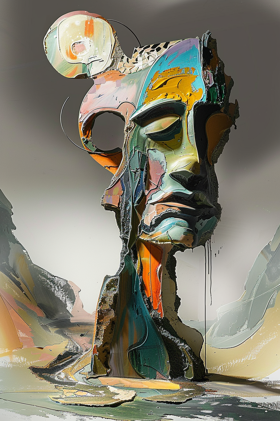 Surreale Skulptur eines zerbrochenen Gesichts aus farbigen Schichten und Strukturen – monumentale, abstrakte Form in einer kargen Landschaft.
