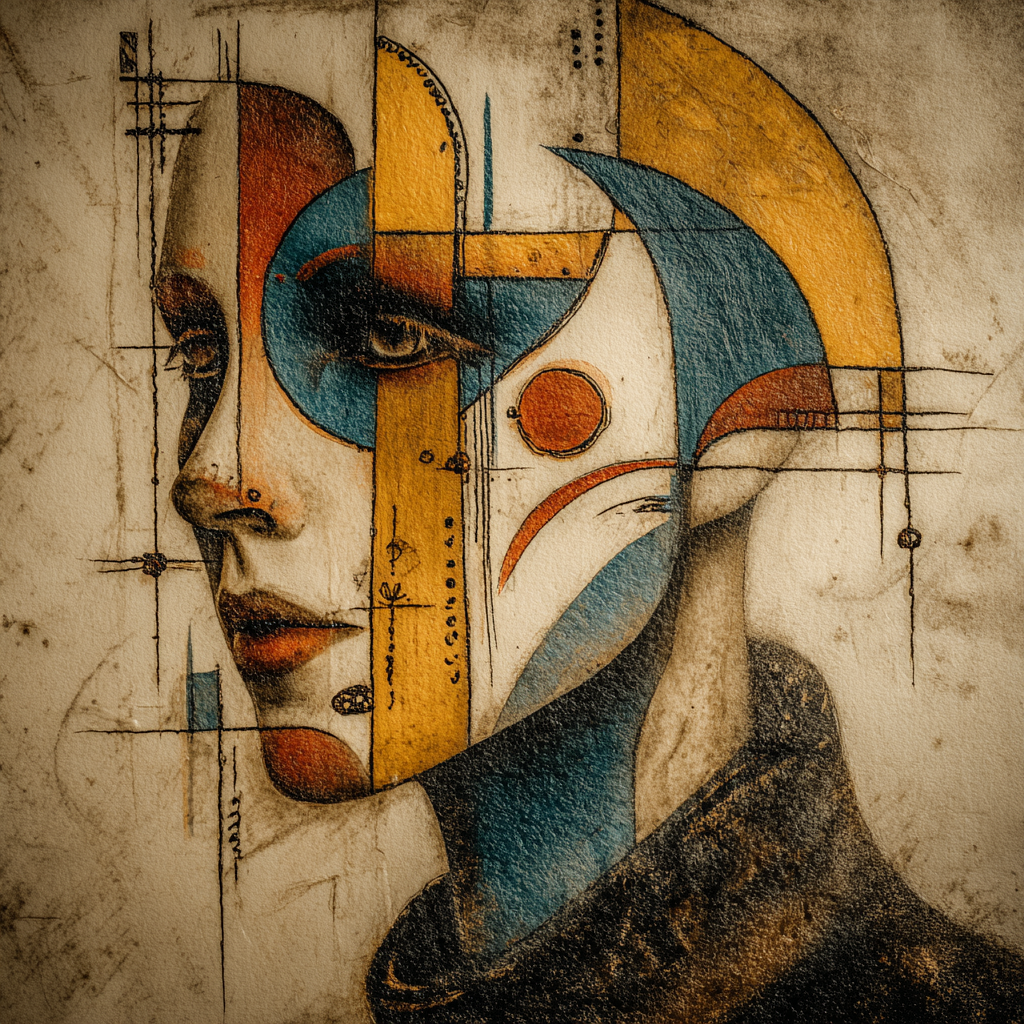 Abstraktes Porträt einer Frau mit geometrischen Linien und farbigen Flächen in Blau, Ocker und Rot, die Gesicht und Form überlagern.
