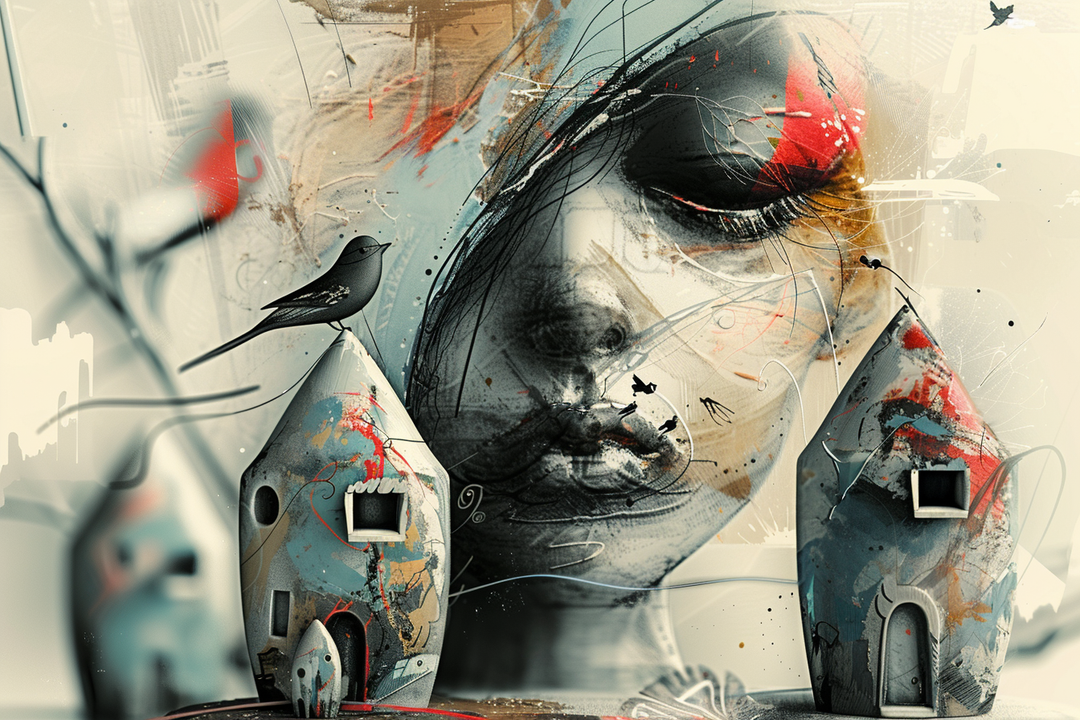 Surrealistische Komposition eines melancholischen Gesichts, kombiniert mit abstrakten Häusern, Vögeln und lebendigen Pinselspuren in gedeckten Farben und roten Akzenten.
