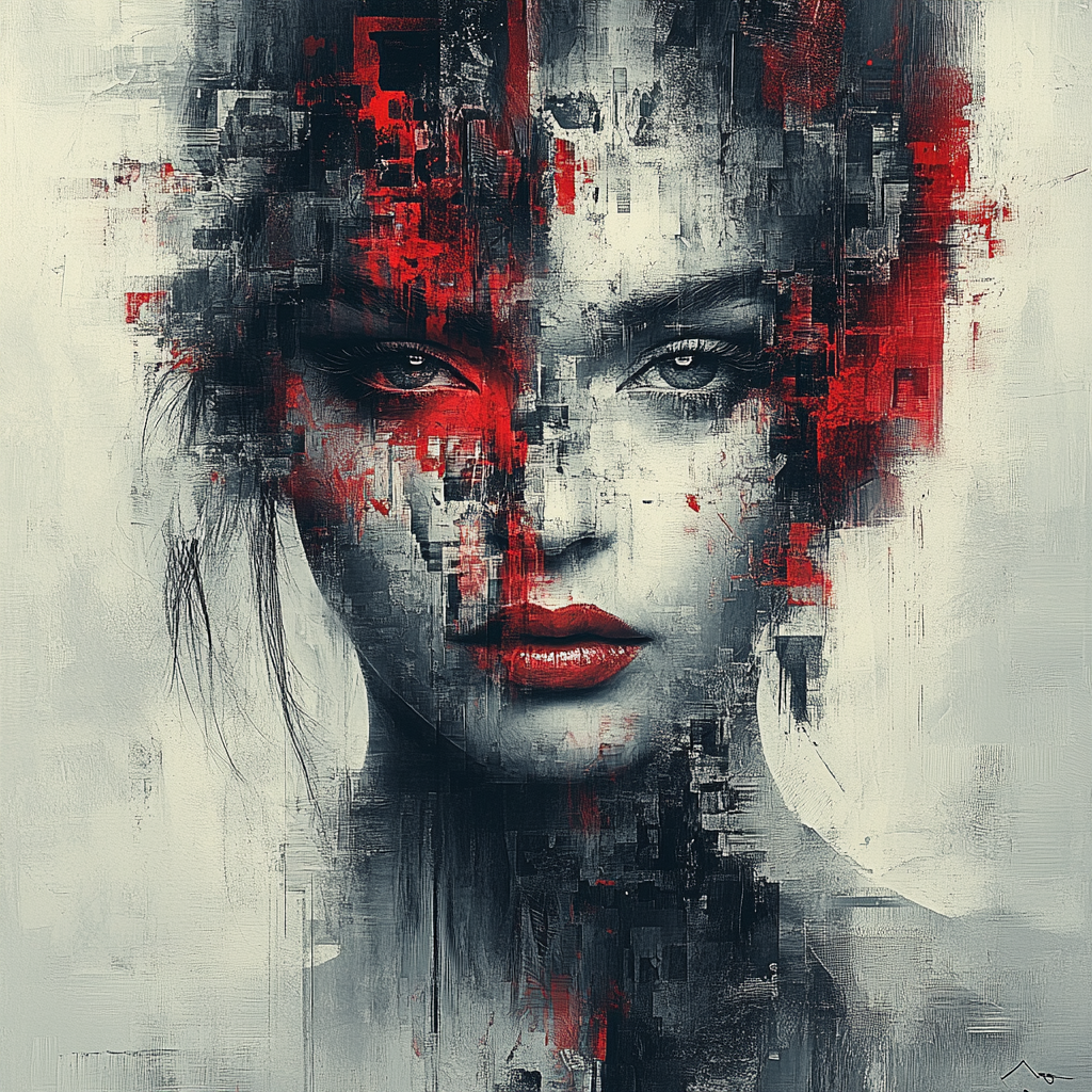 Abstraktes Porträt einer Frau mit roten und grauen Strukturen, die das Gesicht wie digitale Fragmente durchziehen – zwischen Stärke, Zerfall und Wiedergeburt.
