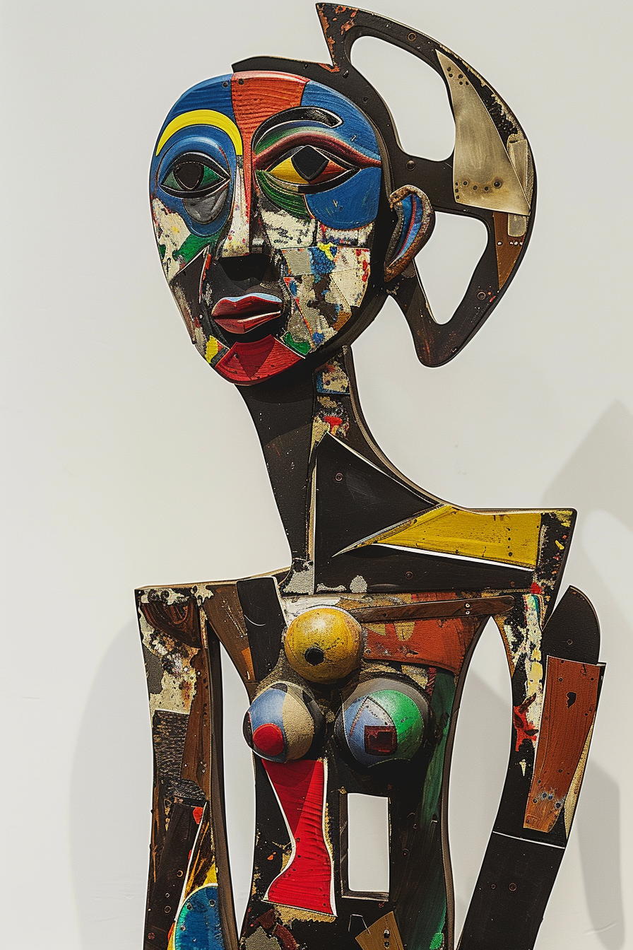 Abstrakte, farbenfrohe Holzskulptur einer stehenden weiblichen Figur – zusammengesetzt aus geometrischen Formen, Metallteilen und leuchtenden Farbfeldern. Kombination aus menschlicher Darstellung und industrieller Struktur.
