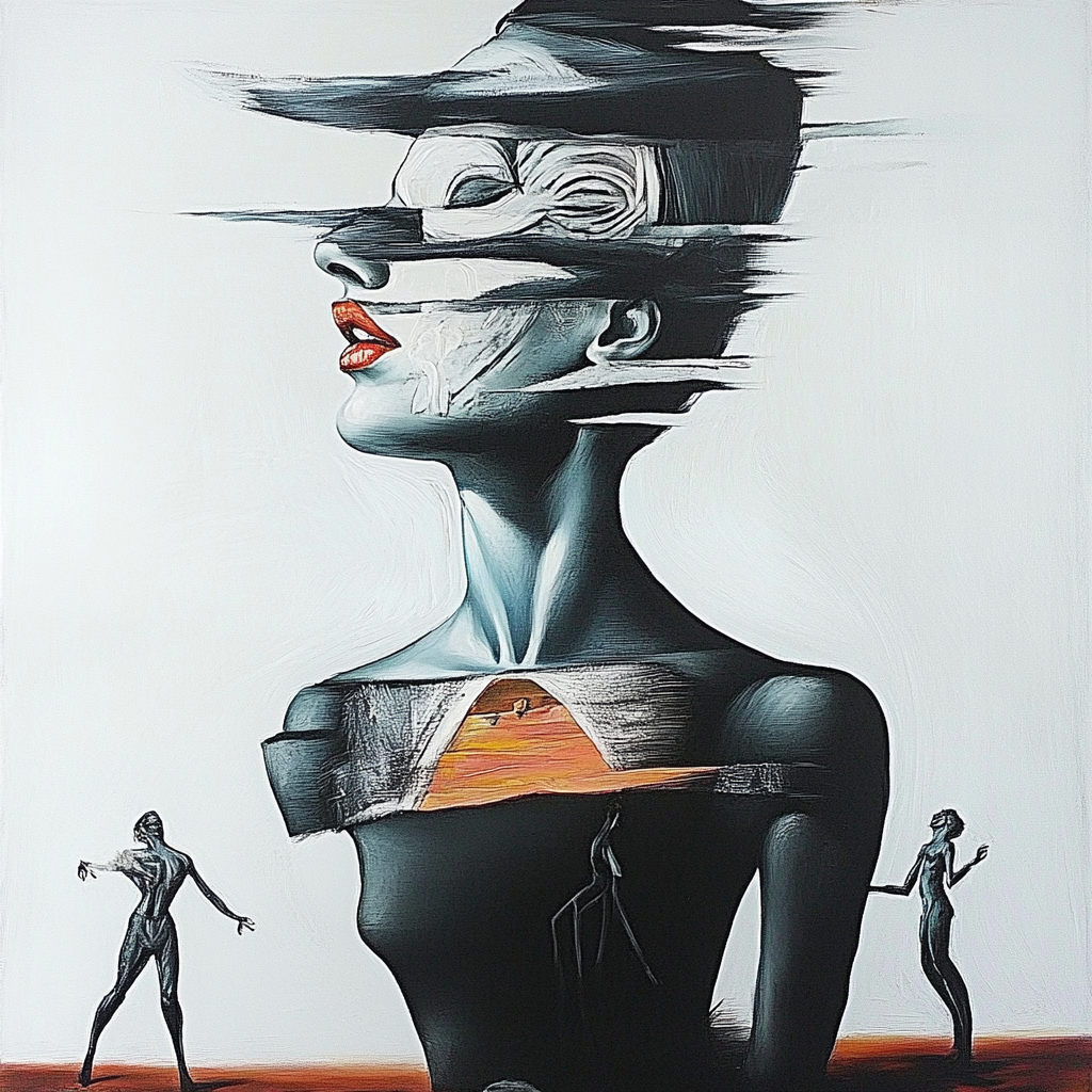 Surreales Porträt einer Frau mit zerschnittenem Gesicht und Körper, durchzogen von Linien und Figuren – Symbol für Identität, Erinnerung und Bewusstsein.
