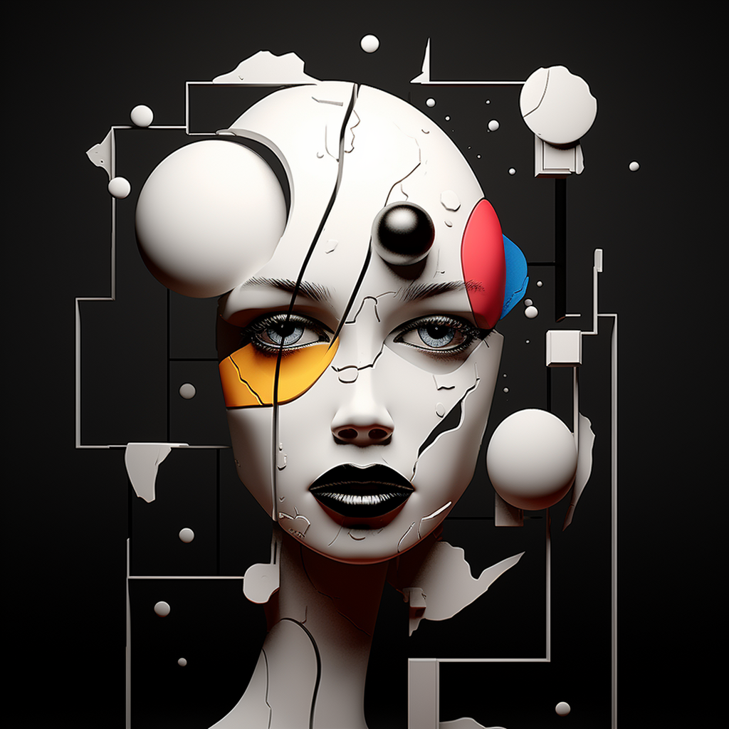 Abstraktes Porträt eines weiblichen Gesichts mit geometrischen Formen, Rissen und Farbakzenten in Rot, Gelb, Blau und Schwarz – Symbol für Identität und Zerbrechlichkeit.
