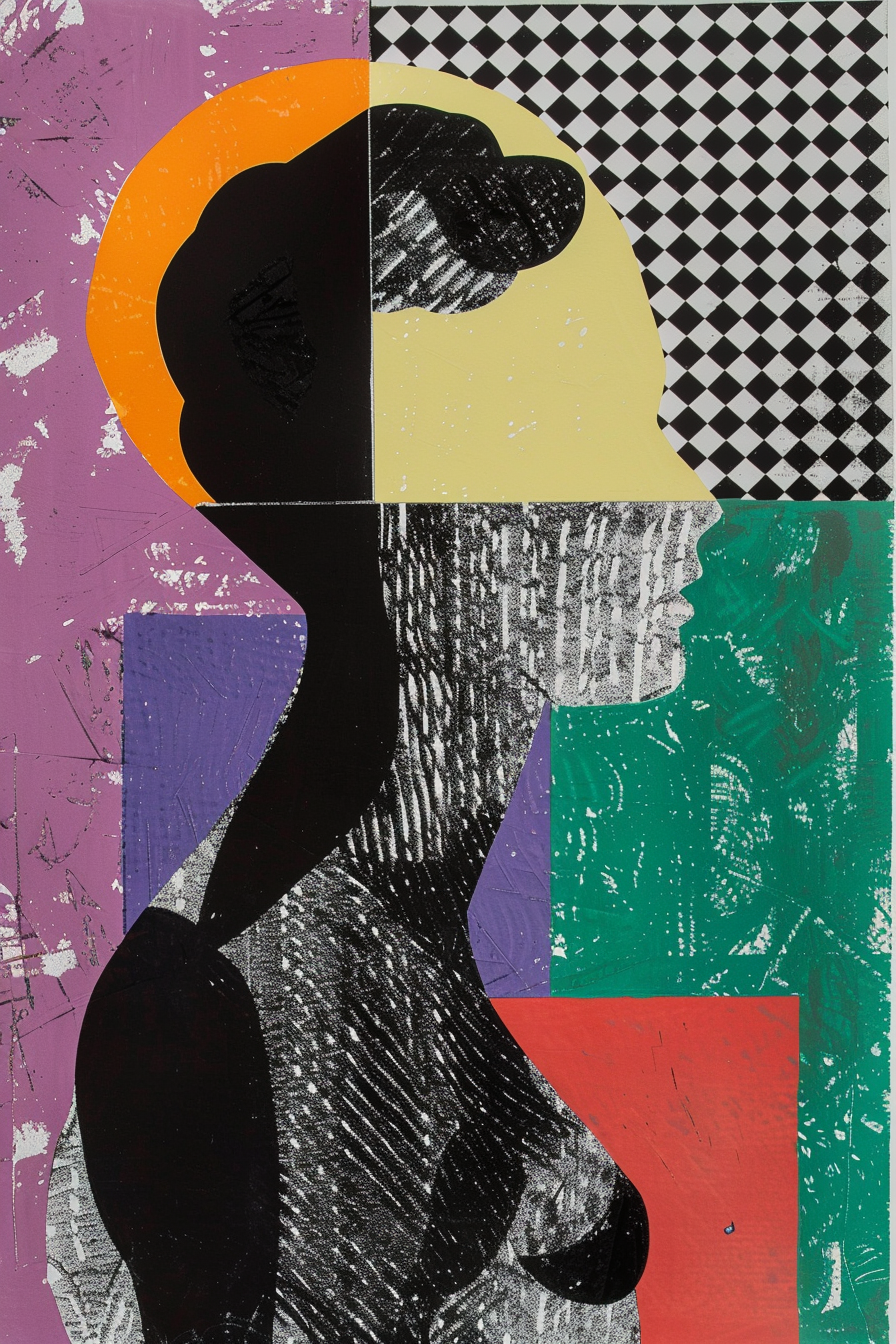 Abstraktes Porträt einer Frau in Profilansicht, zusammengesetzt aus geometrischen Flächen, Mustern und kontrastierenden Farben – ein Spiel aus Struktur, Form und Identität.
