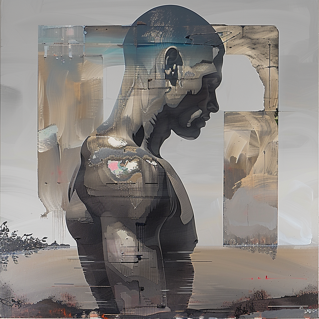 Abstraktes Porträt eines Mannes mit gesenktem Kopf, in Grautönen und Texturfragmenten gemalt, das innere Zerrissenheit und Nachdenklichkeit symbolisiert.
