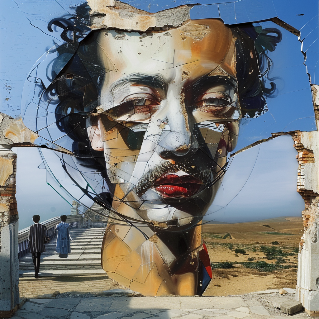 Abstraktes Porträt eines Mannes in gebrochenen, mosaikartigen Fragmenten, in eine Ruinenlandschaft integriert, mit Blick auf die Weite eines hellen Himmels.
