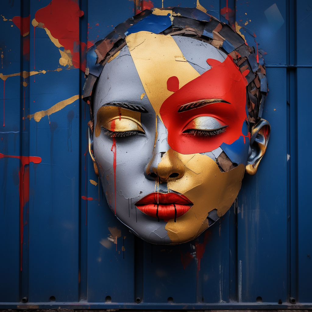 Abstraktes Porträt eines Gesichts mit Gold-, Rot- und Blautönen auf metallischem Hintergrund
