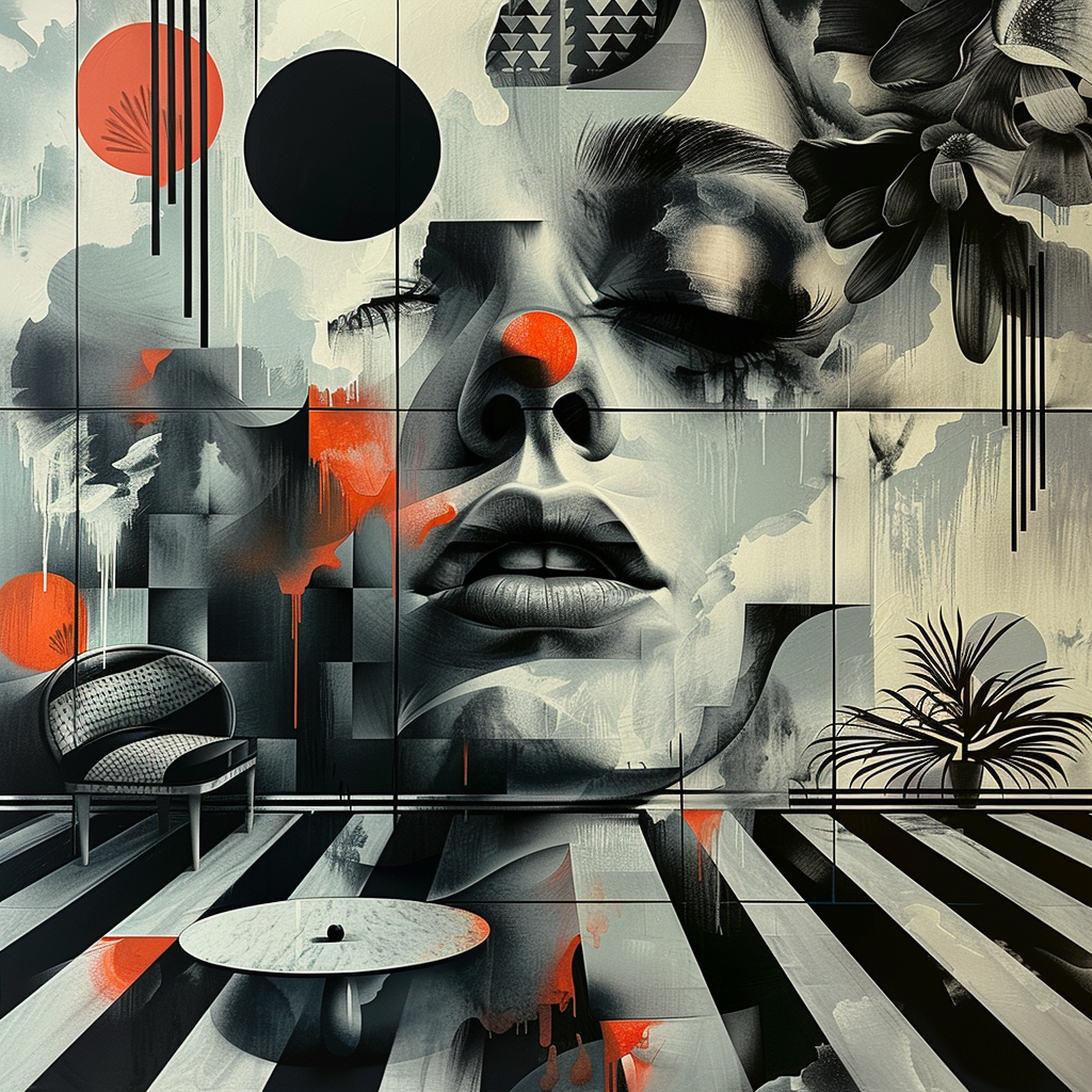 Abstrakte digitale Komposition mit fragmentiertem Gesicht, geometrischen Formen und grafischen Mustern in Grau, Schwarz und Orange.

