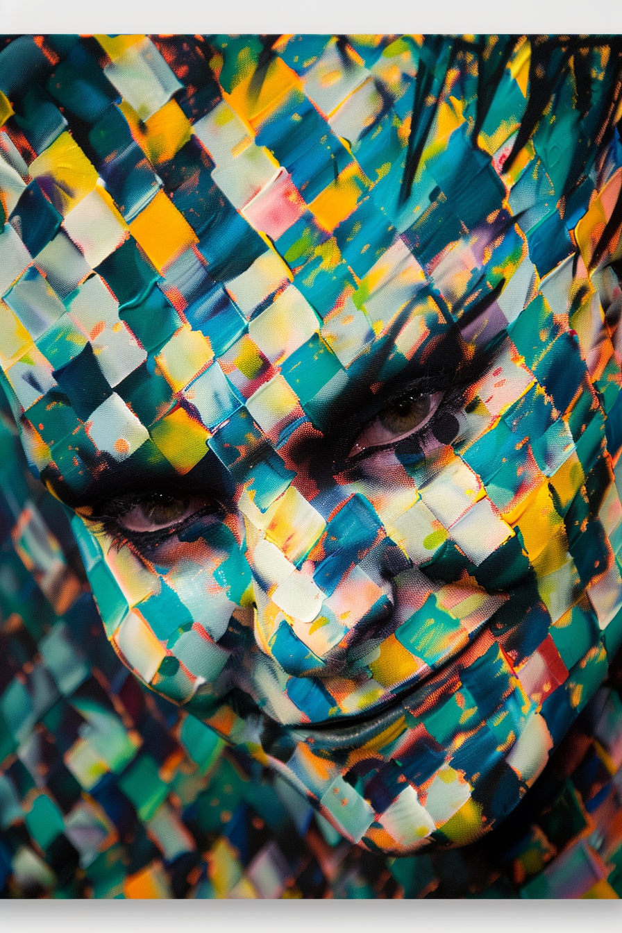 Nahaufnahme eines Gesichts, das aus bunten, mosaikartigen Farbflächen zusammengesetzt ist, in kräftigen Gelb-, Blau- und Grüntönen.
