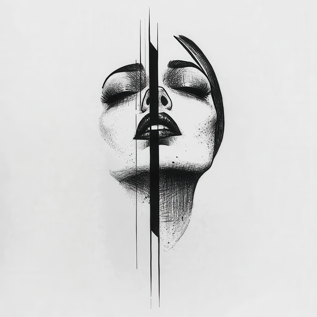 Minimalistisches Schwarz-Weiß-Porträt einer fragmentierten weiblichen Gesichtsskizze.

