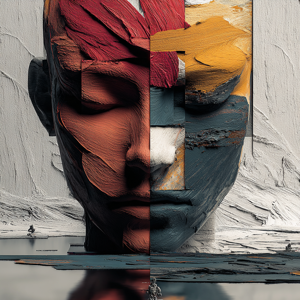 Abstraktes Gesicht aus farbigen, grob strukturierten Schichten, in Segmente geteilt und über einer spiegelnden Wasserfläche dargestellt.
