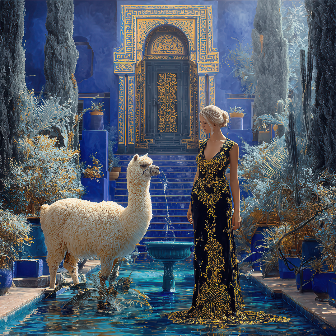 Elegante Frau in verziertem Kleid neben Alpaka in blau-goldenem orientalischen Garten.
