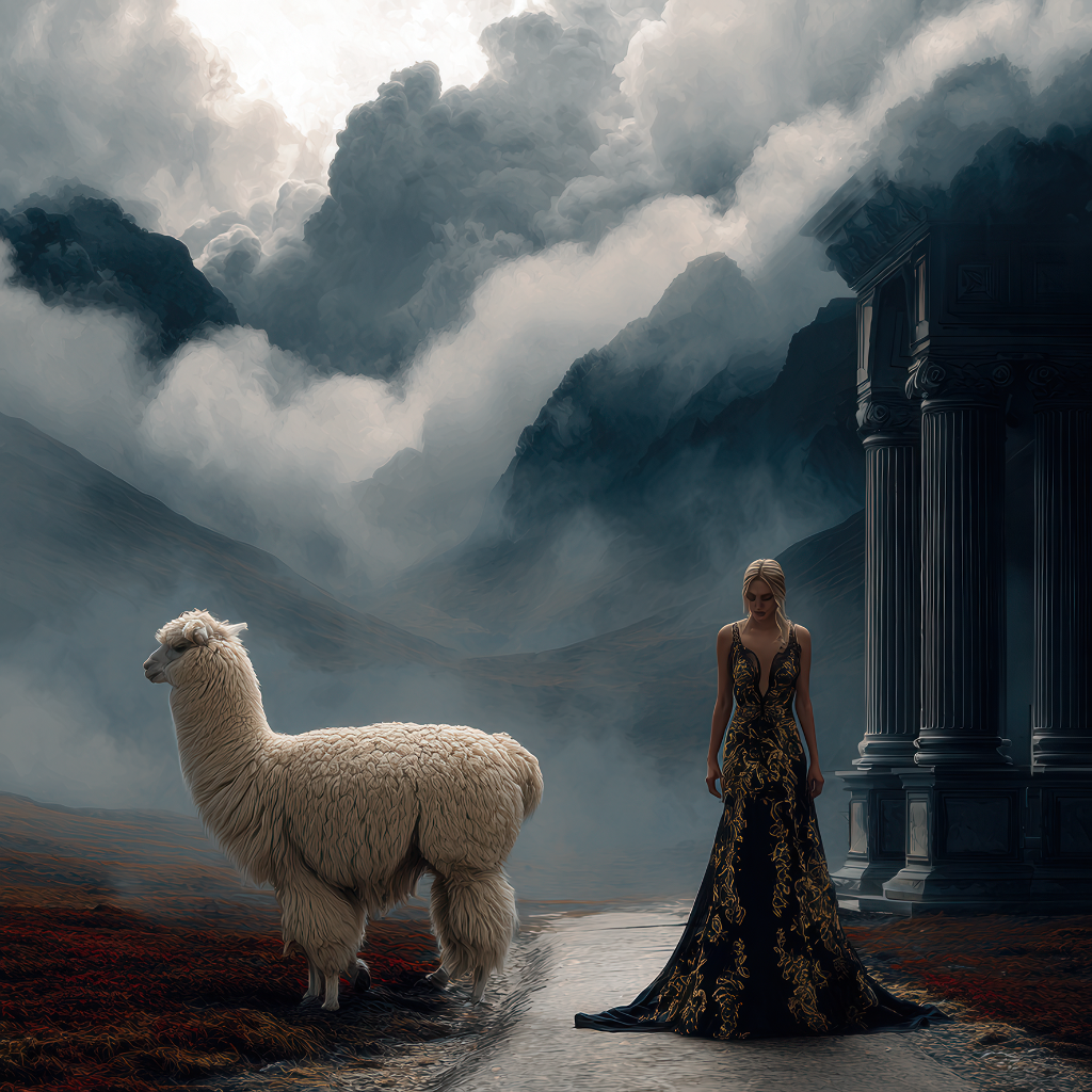 Frau im schwarz-goldenen Kleid und Alpaka vor dramatischer Berg- und Wolkenkulisse.
