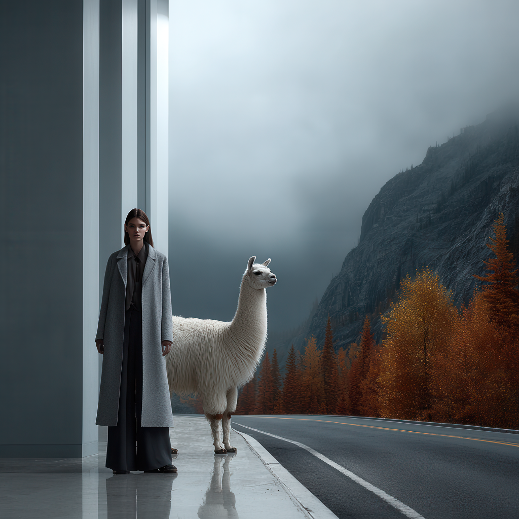 Frau im grauen Mantel mit Alpaka vor nebliger Berglandschaft und moderner Architektur.
