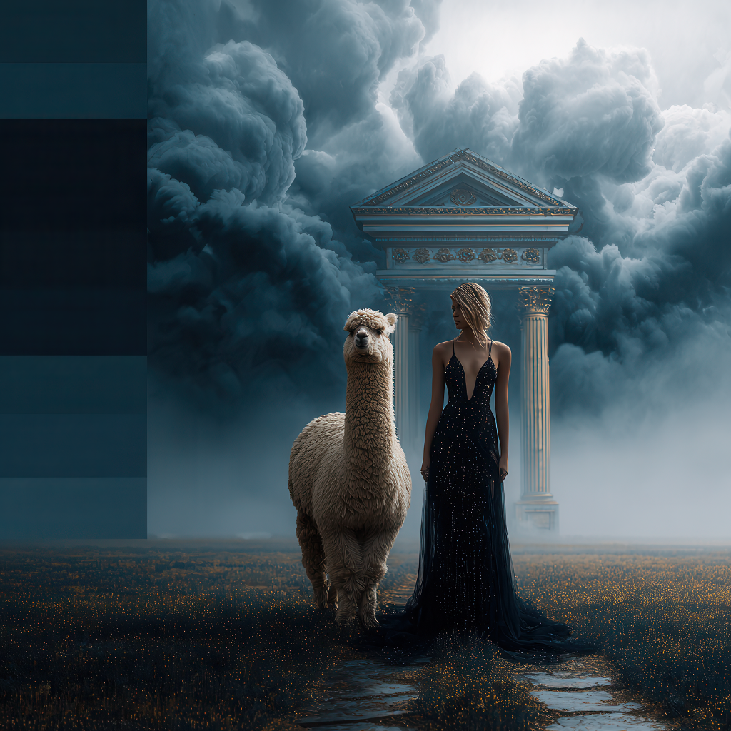 Frau im dunklen Kleid und Alpaka vor antikem Tempel und dramatischen Wolken.
